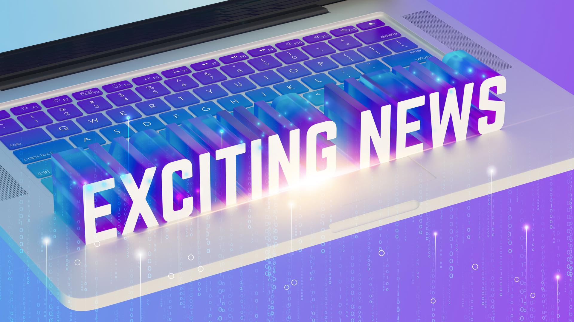 Laptop keyboard, glowing EXCITING NEWS text, digital hologram effect, vibrant purple and blue gradient, binary code streams, futuristic tech, 3D typography, 3D render.